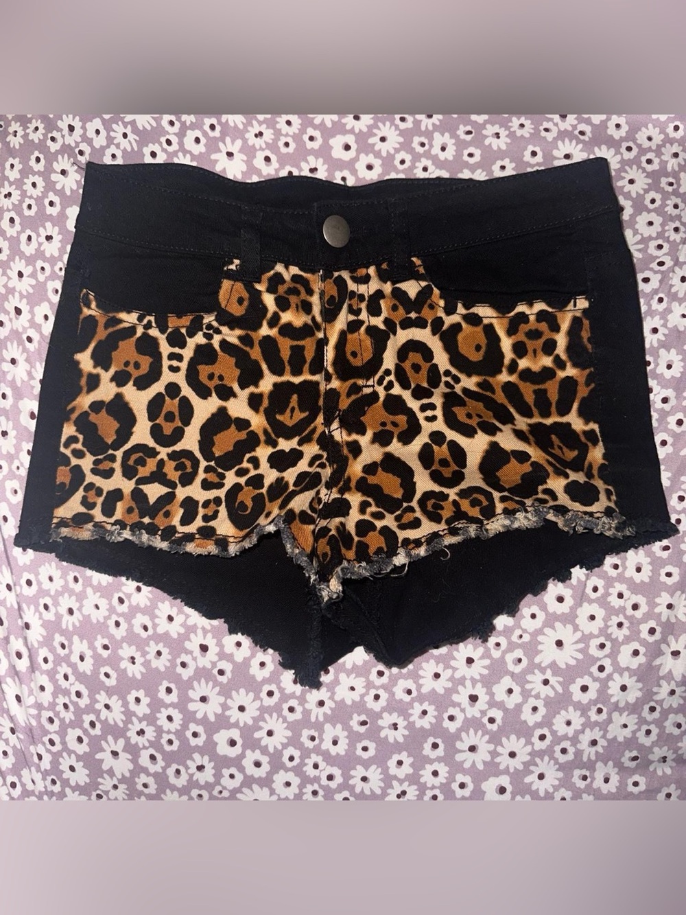 H&M Leopard Print Jean Shorts in Black & Brown
